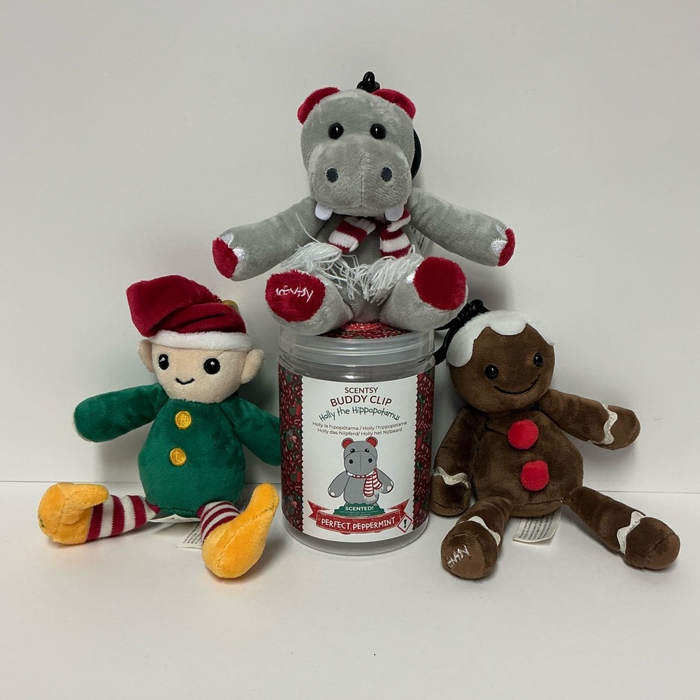 Christmas Scentsy Buddy Clip Lot- Elliot Elf, Stan Gingerbread Man & Holly Hippo